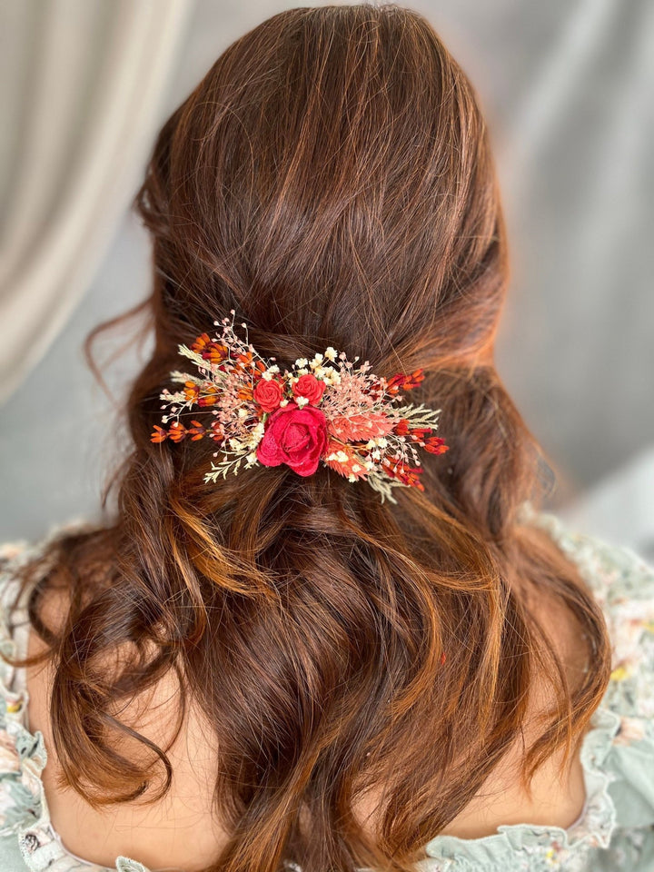 Red Rose Hair Clip: Bridal Autumn Wedding Barrette – handmade floral hair accessory by magaela