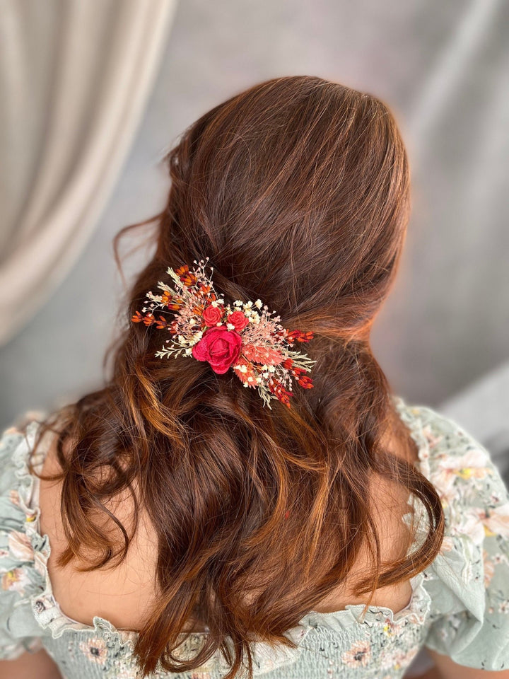 Red Rose Hair Clip: Bridal Autumn Wedding Barrette – handmade floral hair accessory by magaela