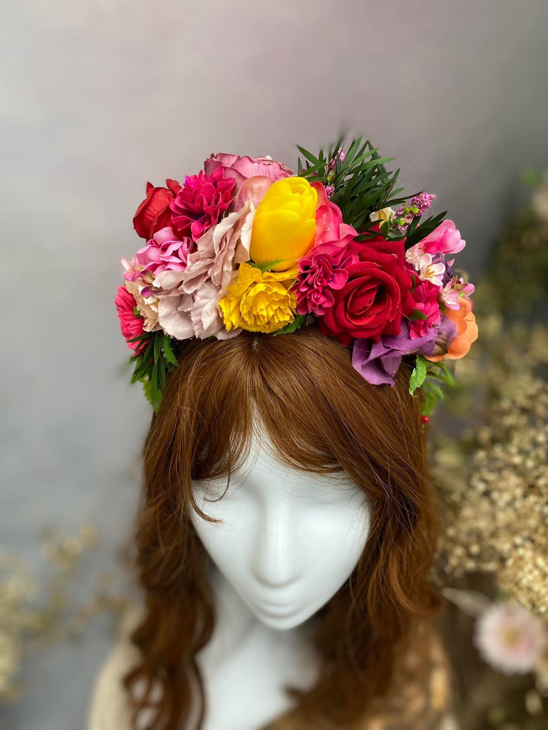 Frida Flower Headband: Colorful Floral Crown, Mexican Fiesta Bridal Hairband – handmade floral hair accessory by magaela
