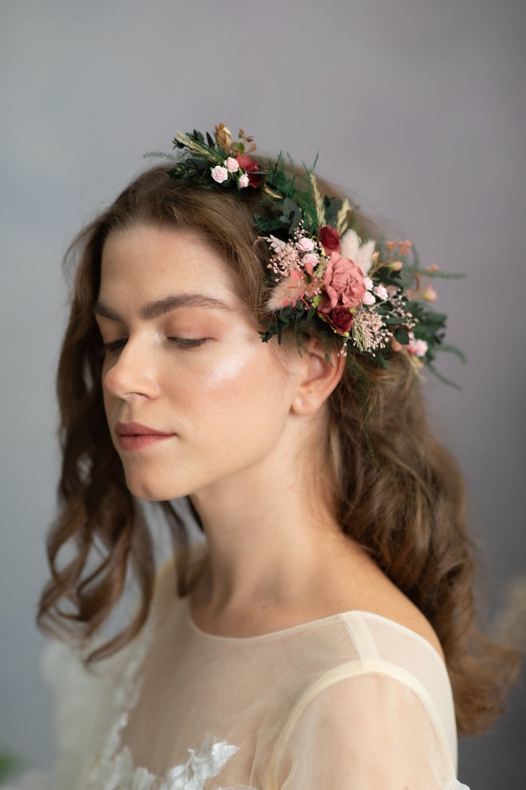 Burgundy Flower Hair Vine: Romantic Bridal Headpiece – handmade floral hair accessory by magaela