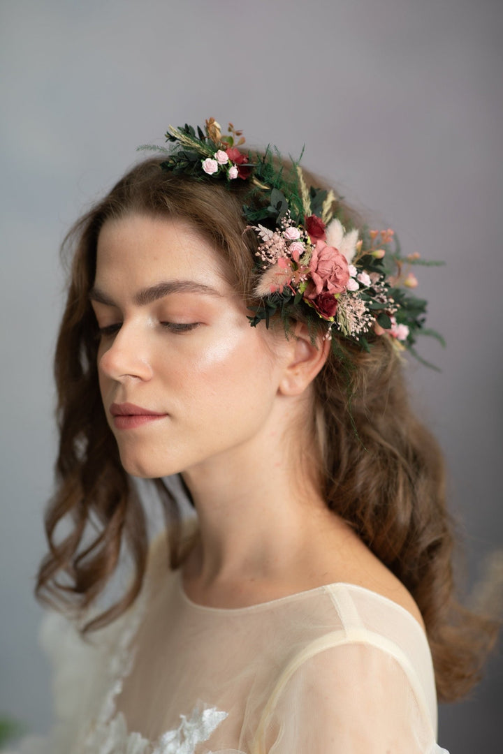 Burgundy Flower Hair Vine: Romantic Bridal Headpiece – handmade floral hair accessory by magaela