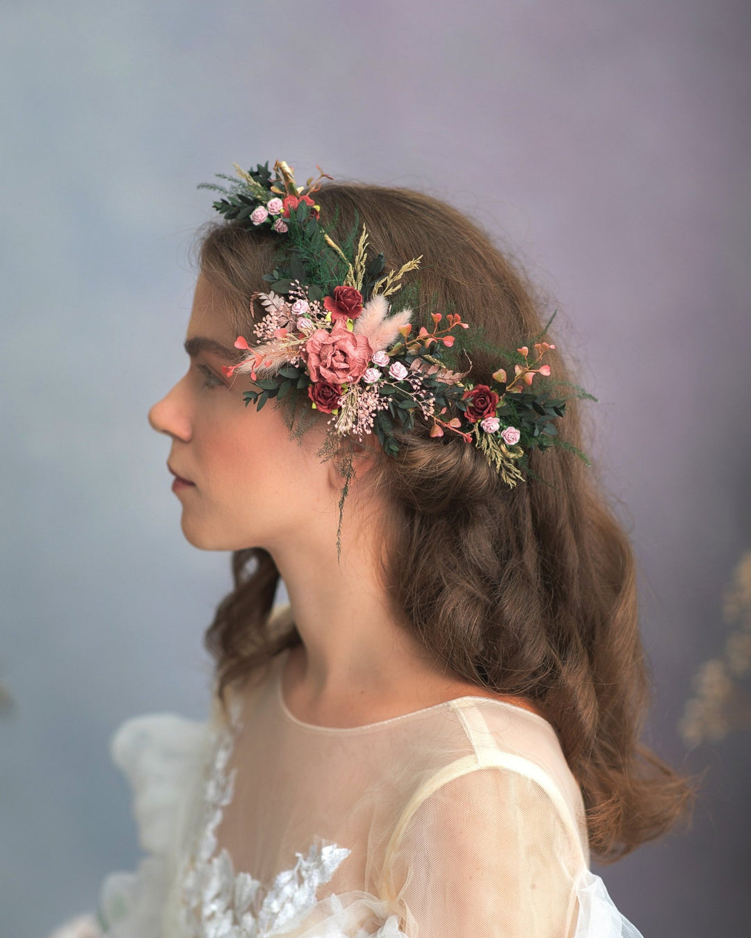 Burgundy Flower Hair Vine: Romantic Bridal Headpiece – handmade floral hair accessory by magaela