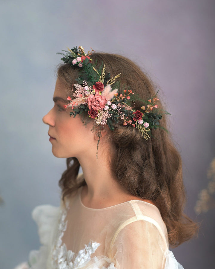 Burgundy Flower Hair Vine: Romantic Bridal Headpiece – handmade floral hair accessory by magaela