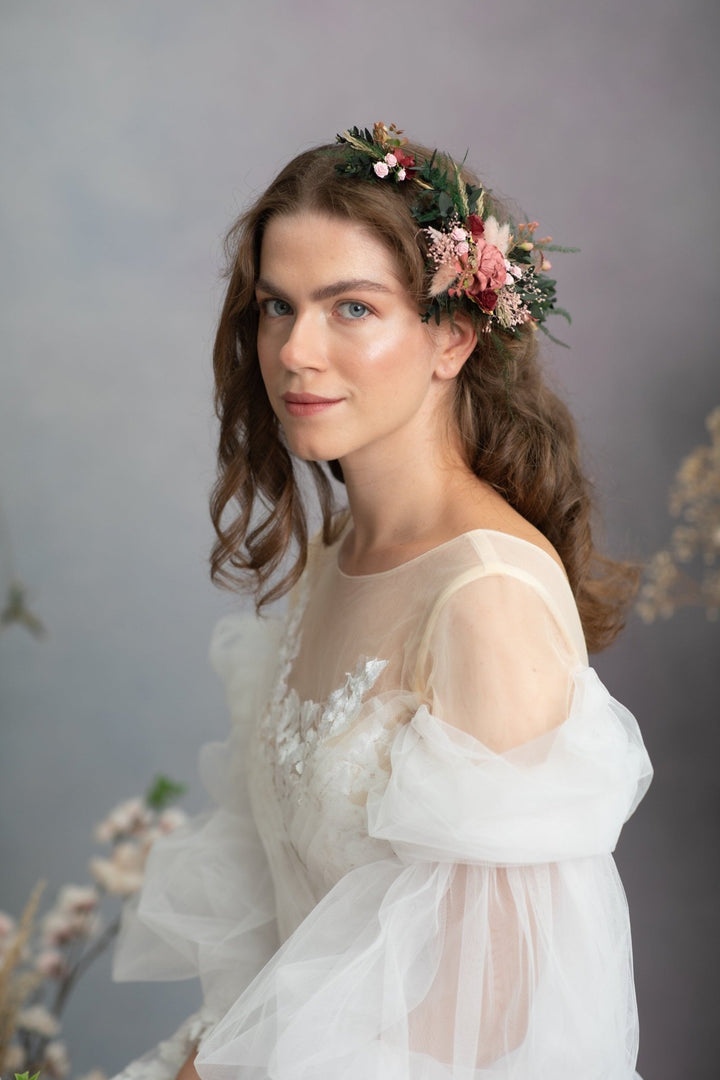 Burgundy Flower Hair Vine: Romantic Bridal Headpiece – handmade floral hair accessory by magaela