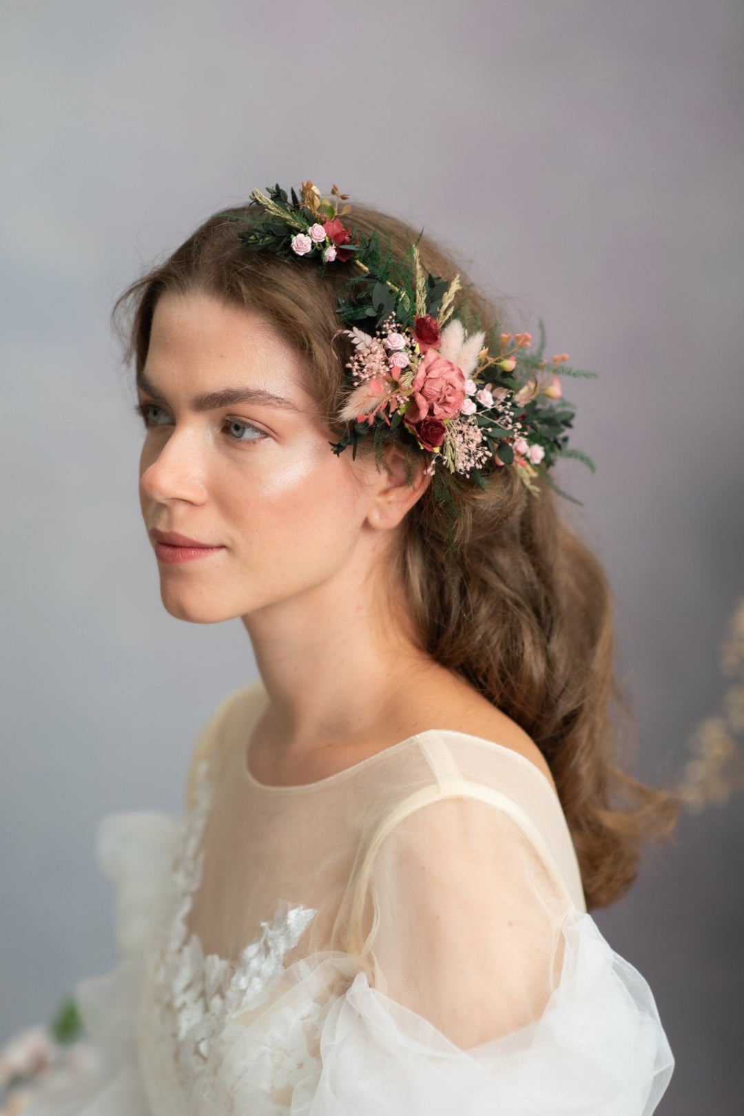 Burgundy Flower Hair Vine: Romantic Bridal Headpiece – handmade floral hair accessory by magaela