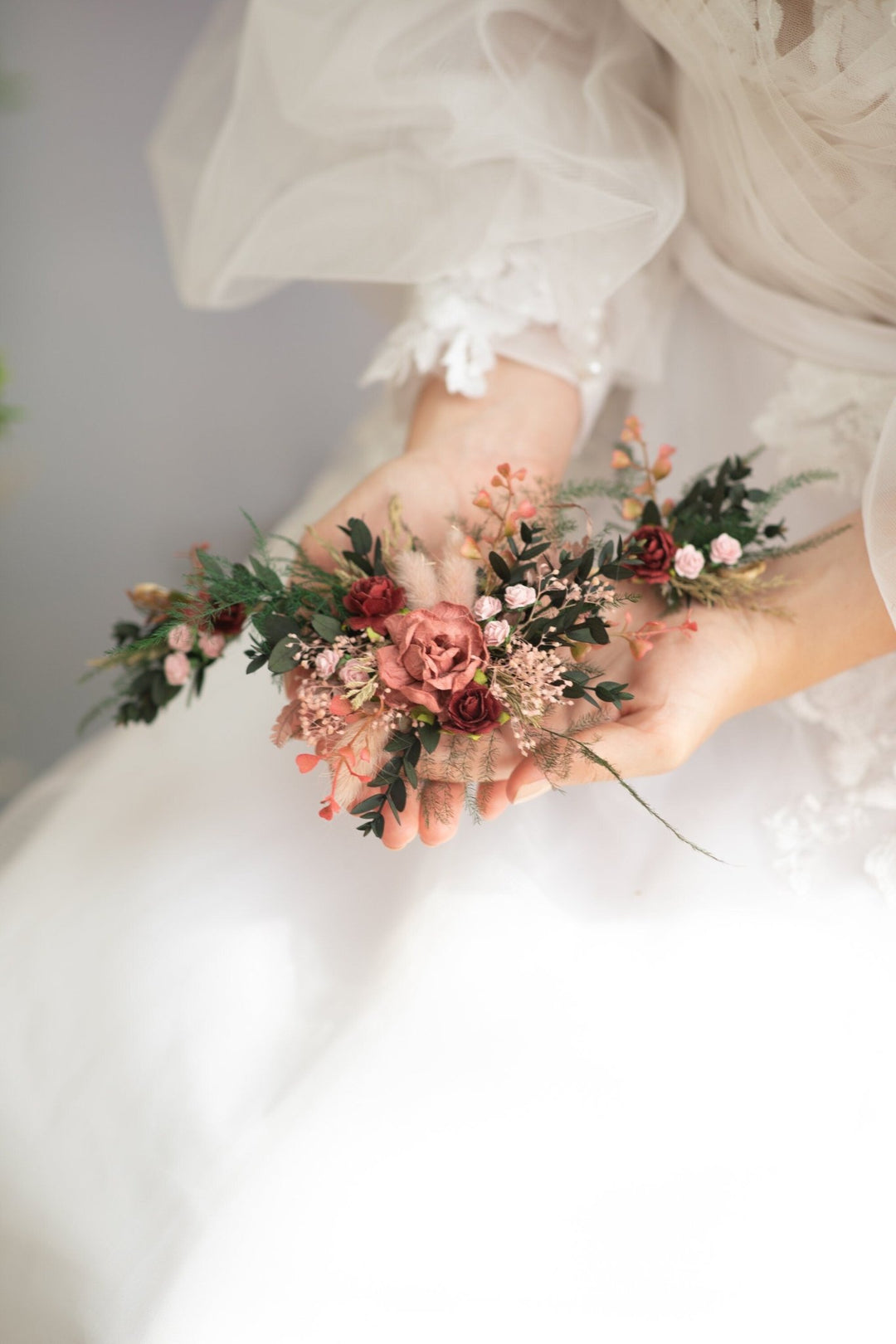 Burgundy Flower Hair Vine: Romantic Bridal Headpiece – handmade floral hair accessory by magaela