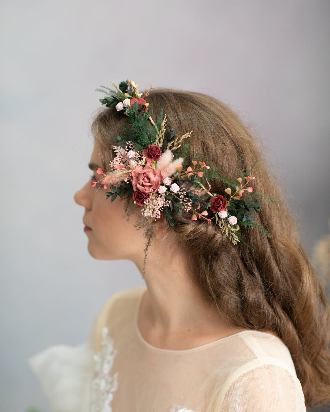 Burgundy Flower Hair Vine: Romantic Bridal Headpiece – handmade floral hair accessory by magaela