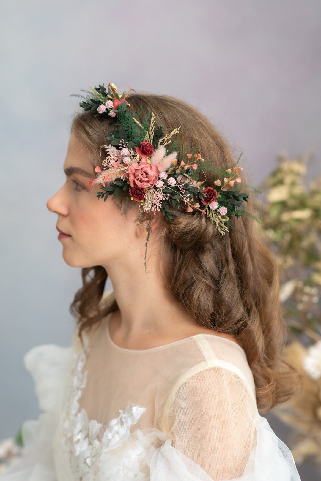 Burgundy Flower Hair Vine: Romantic Bridal Headpiece – handmade floral hair accessory by magaela