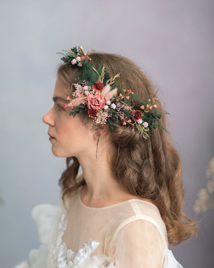 Burgundy Flower Hair Vine: Romantic Bridal Headpiece – handmade floral hair accessory by magaela