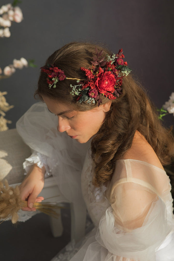 Red Burgundy Flower Hair Vine: Bridal Wedding Headpiece – handmade floral hair accessory by magaela