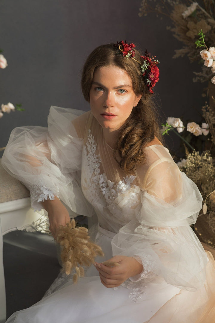 Red Burgundy Flower Hair Vine: Bridal Wedding Headpiece – handmade floral hair accessory by magaela