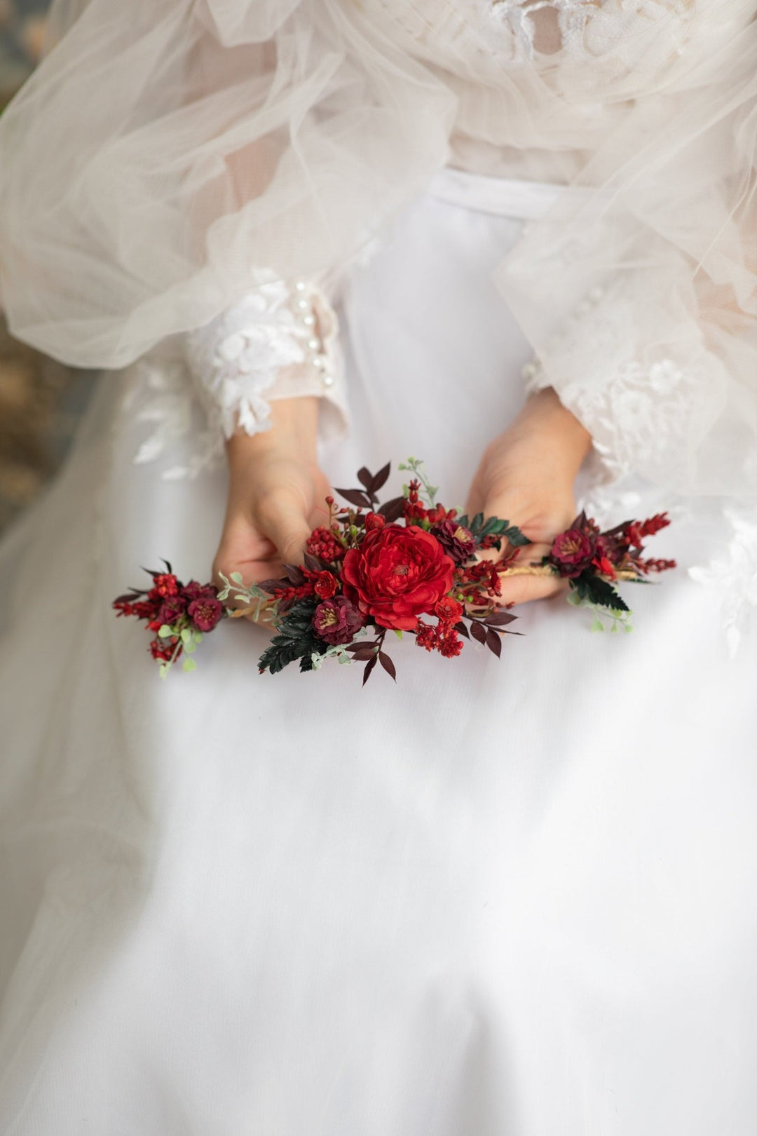 Red Burgundy Flower Hair Vine: Bridal Wedding Headpiece – handmade floral hair accessory by magaela