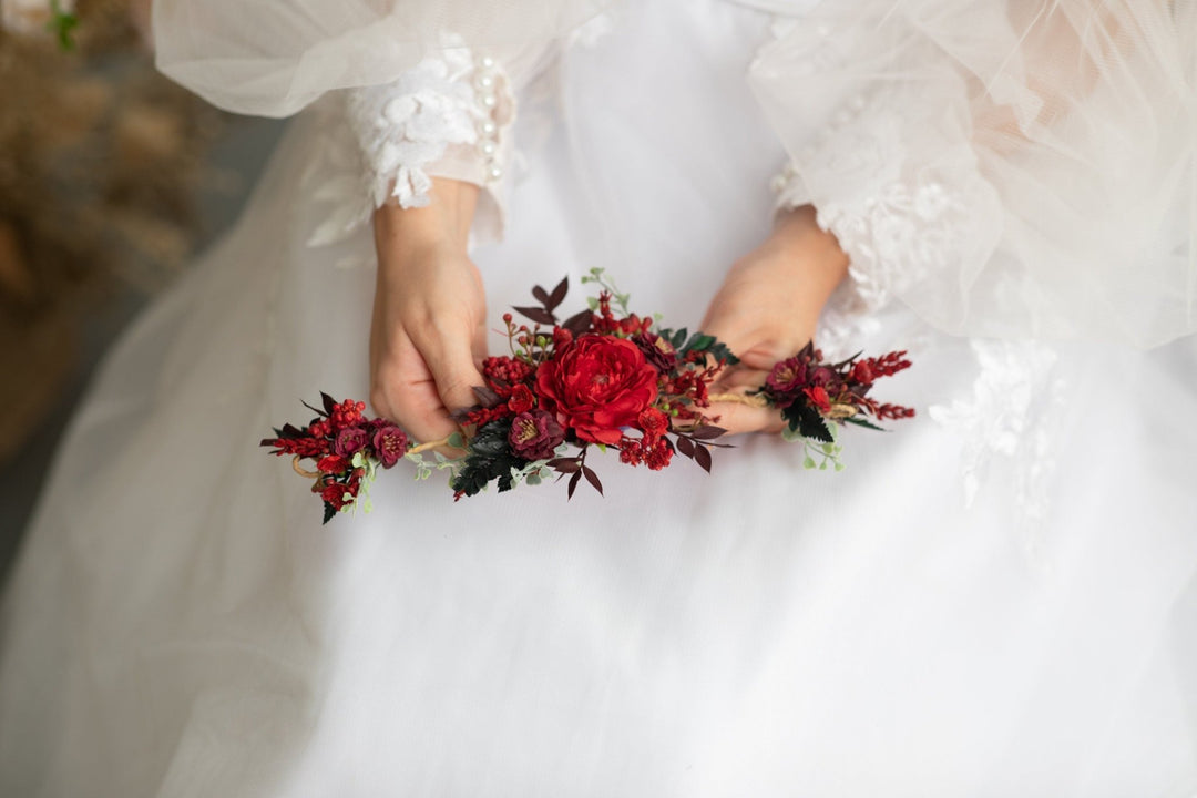 Red Burgundy Flower Hair Vine: Bridal Wedding Headpiece – handmade floral hair accessory by magaela