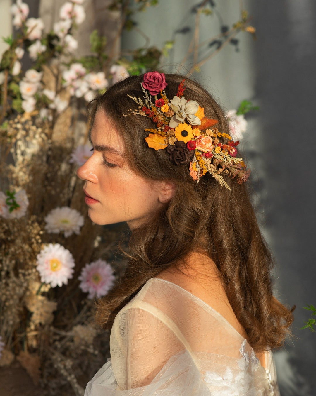 Autumn Flower Hair Vine: Bridal Headpiece, Fall Wedding Accessory – handmade floral hair accessory by magaela