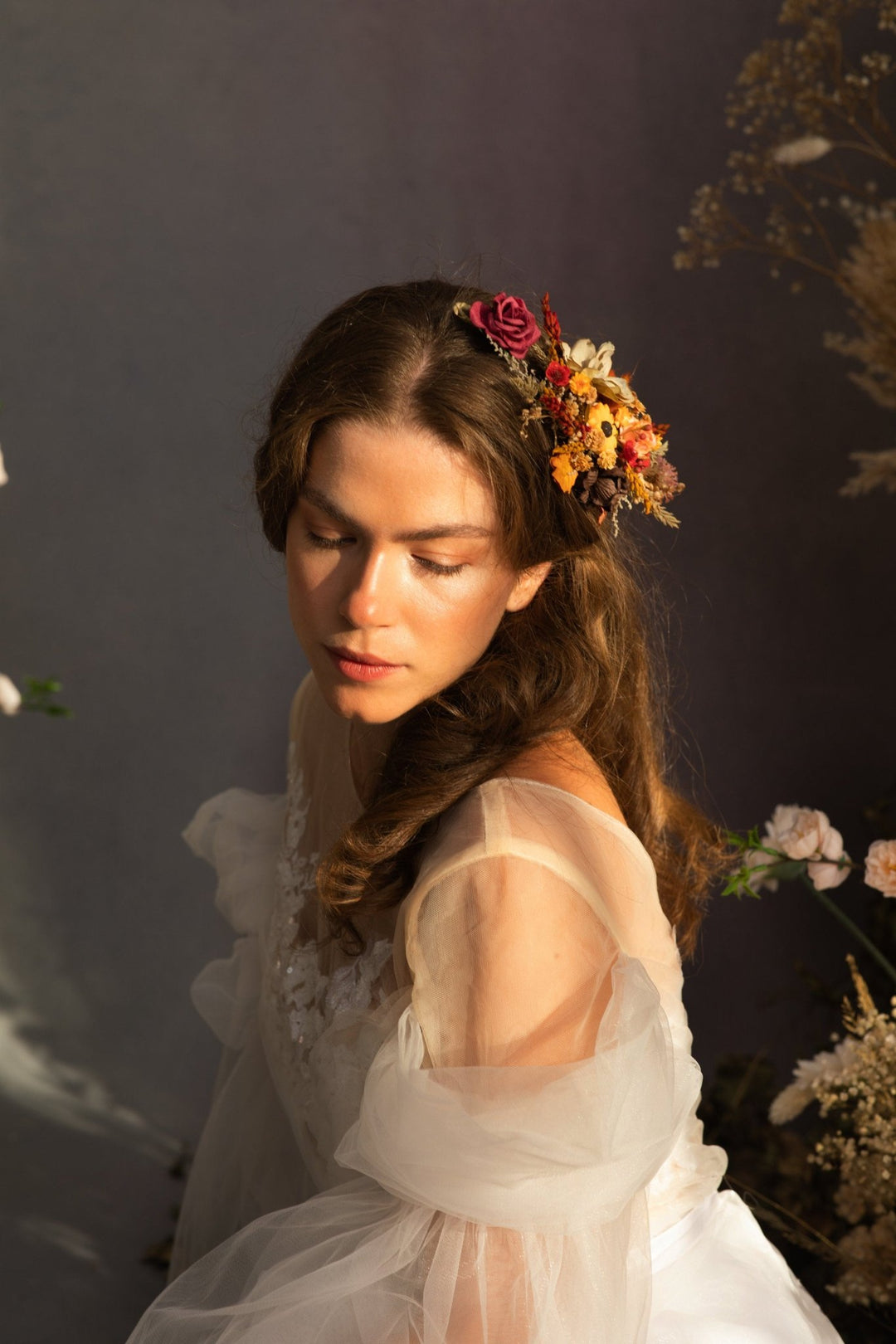 Autumn Flower Hair Vine: Bridal Headpiece, Fall Wedding Accessory – handmade floral hair accessory by magaela