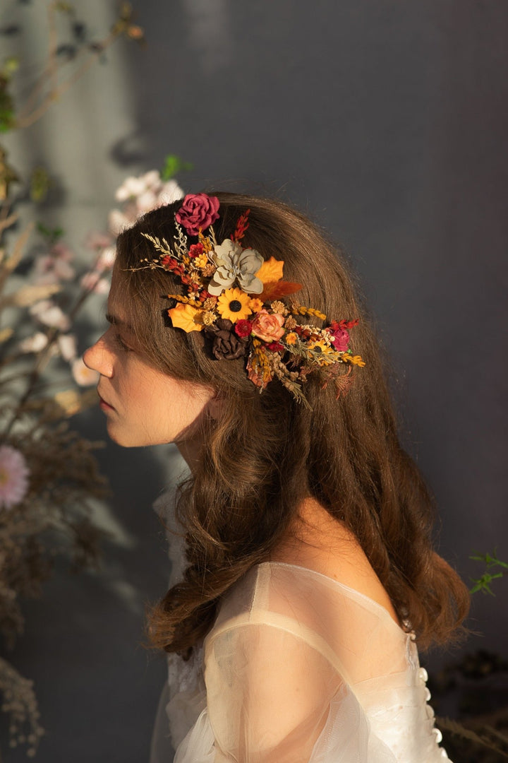 Autumn Flower Hair Vine: Bridal Headpiece, Fall Wedding Accessory – handmade floral hair accessory by magaela