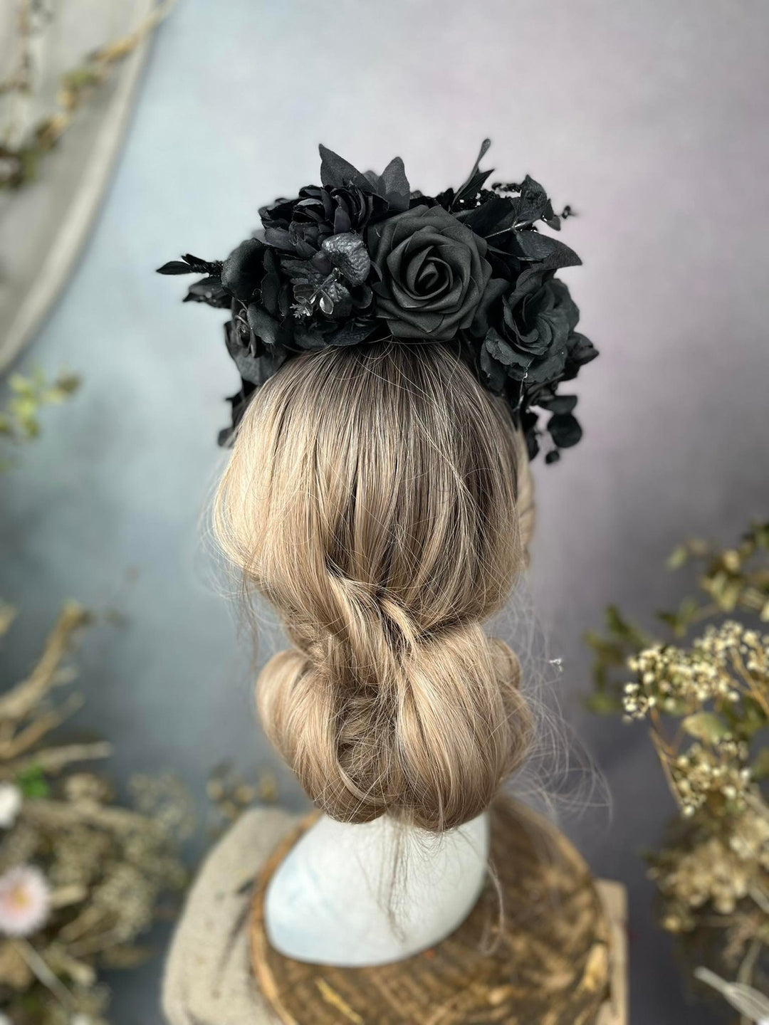 Gothic flower crown: Halloween flower black headpiece – handmade floral hair accessory by magaela