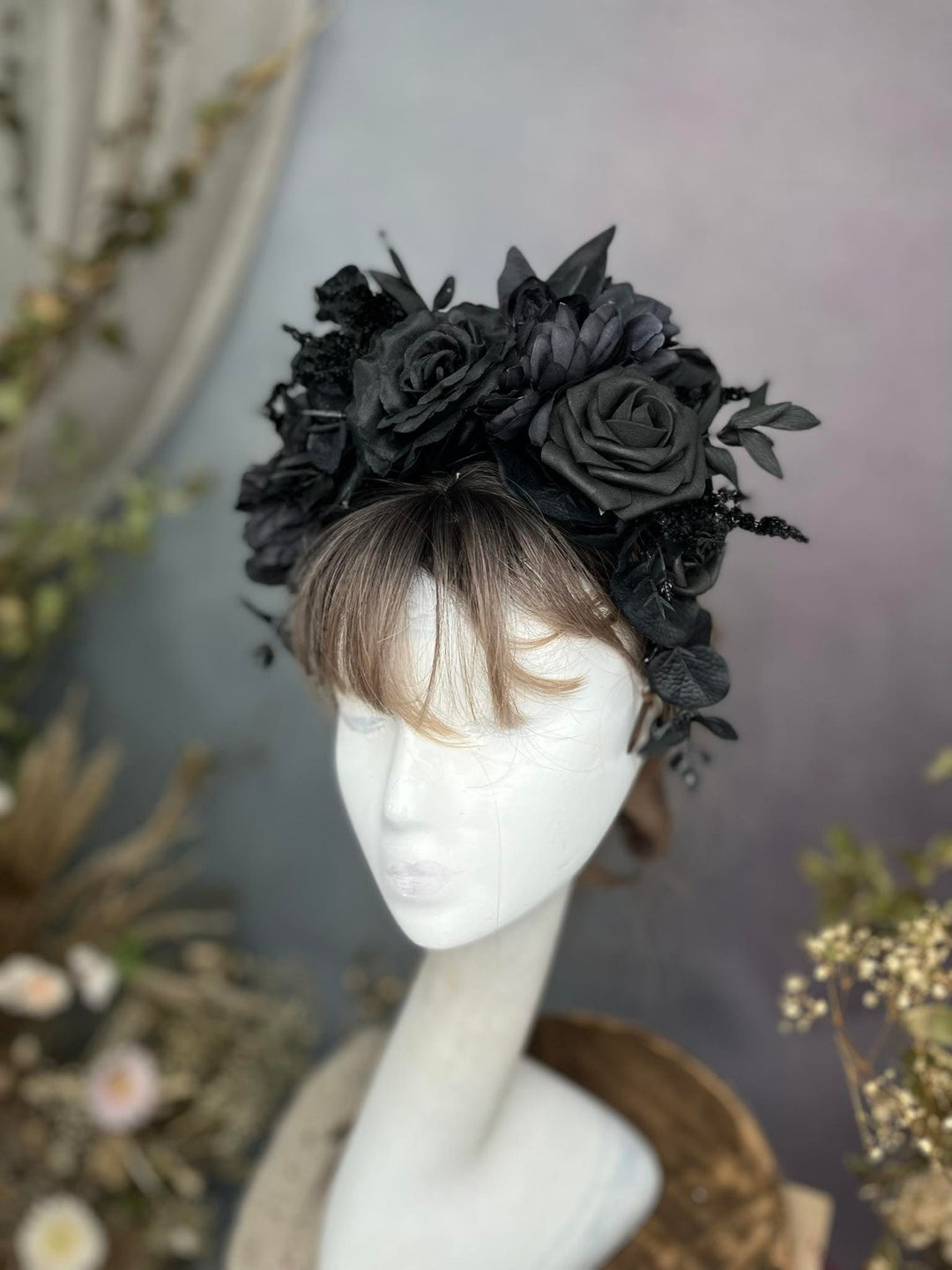 Black Frida flower headband: Halloween flower headpiece – handmade floral hair accessory by magaela