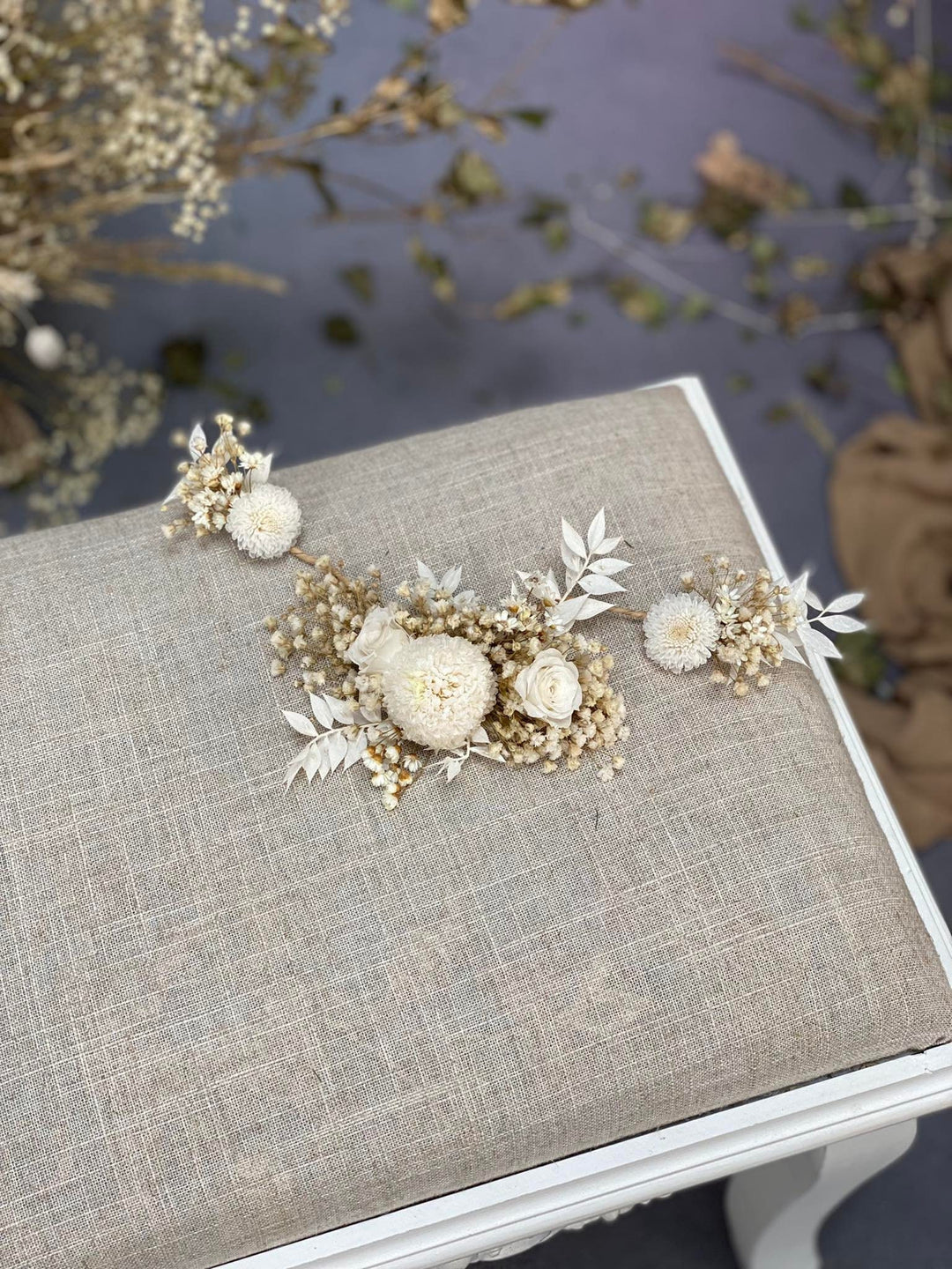 Ivory Preserved Flower Wedding Hair Vine - Bridal Headpiece – handmade floral hair accessory by magaela