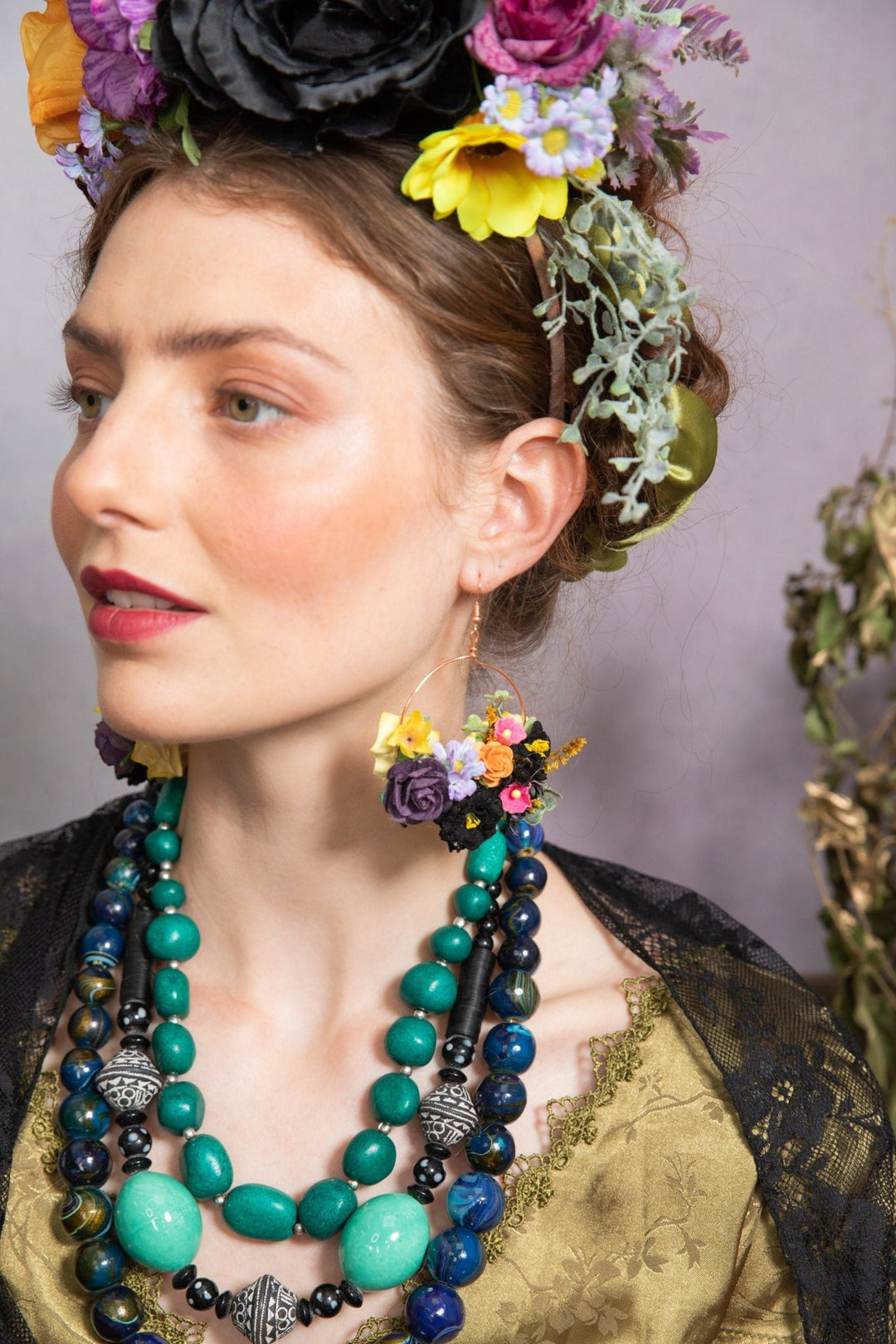 Floral Circle Dangle Earrings: Frida Style Wedding Jewelry – handmade floral hair accessory by magaela