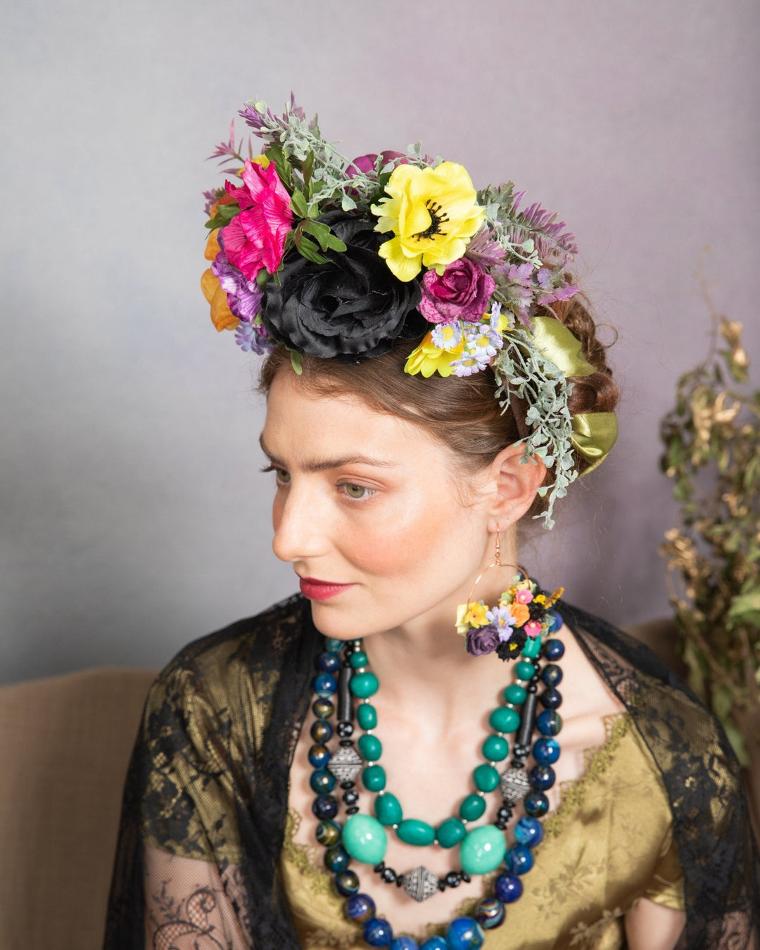 Floral Circle Dangle Earrings: Frida Style Wedding Jewelry – handmade floral hair accessory by magaela