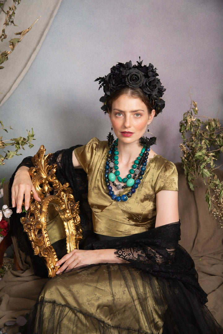 Black Flower Circle Dangle Earrings: Gothic Wedding Jewelry – handmade floral hair accessory by magaela