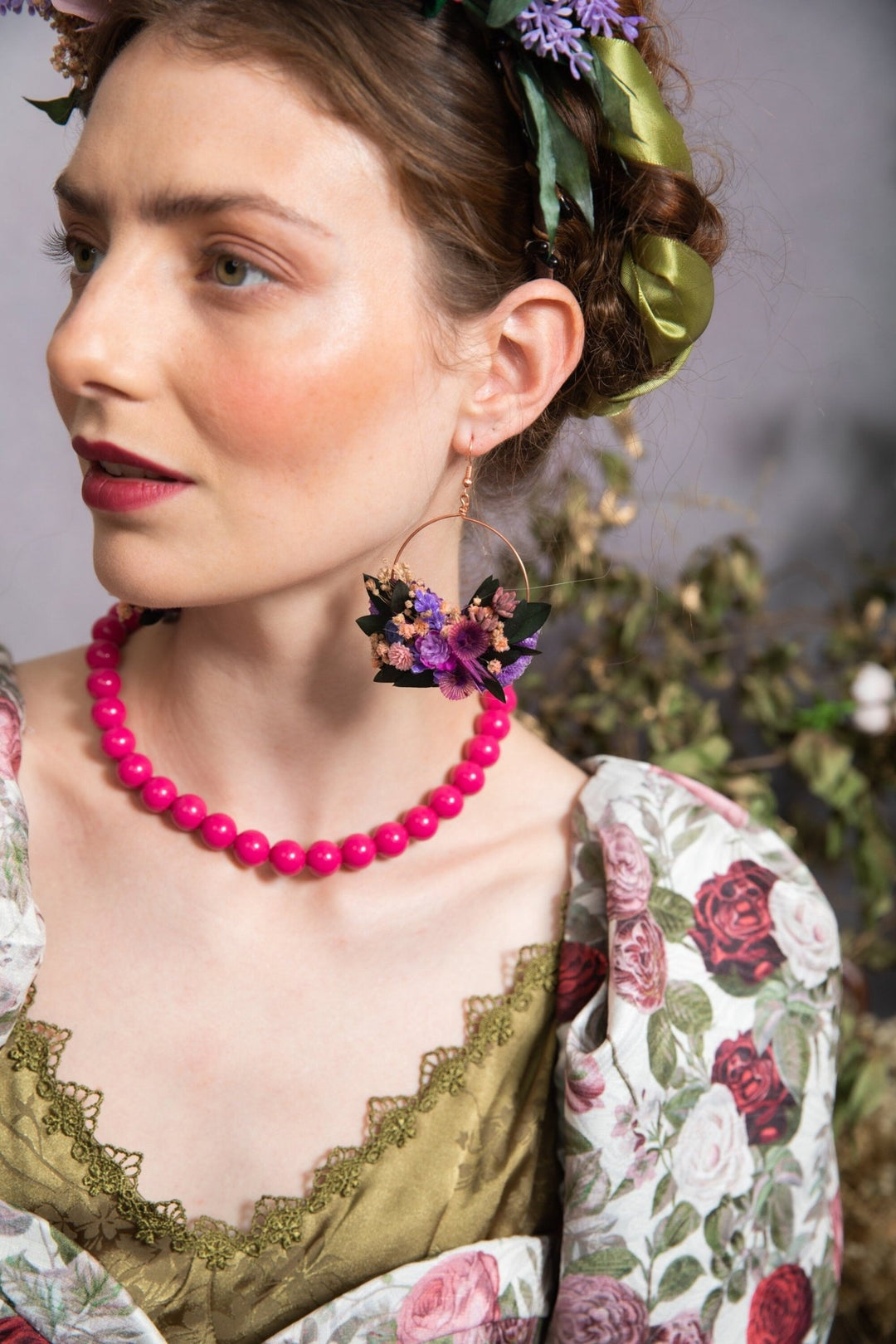 Floral Circle Dangle Earrings: Purple Wedding Jewelry – handmade floral hair accessory by magaela