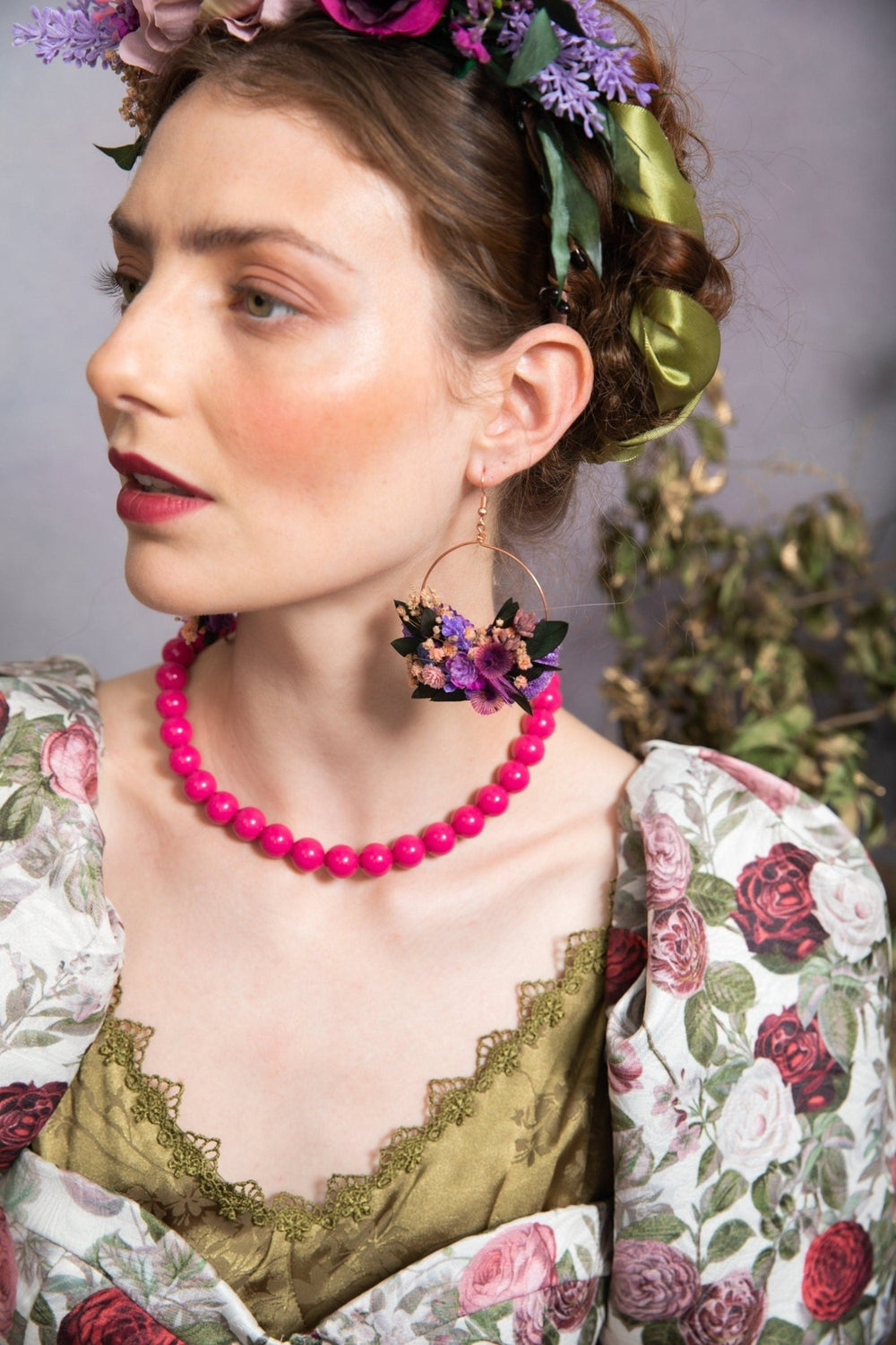 Floral Circle Dangle Earrings: Purple Wedding Jewelry – handmade floral hair accessory by magaela