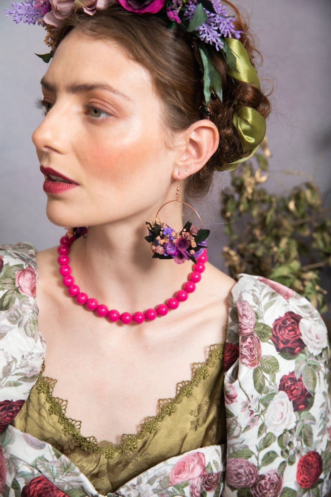 Floral Circle Dangle Earrings: Purple Wedding Jewelry – handmade floral hair accessory by magaela