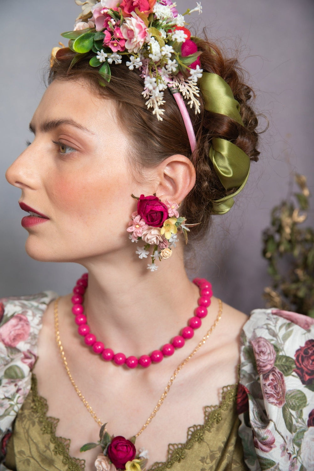 Magenta Peony Flower Earrings: Bridal Wedding Jewelry – handmade floral hair accessory by magaela