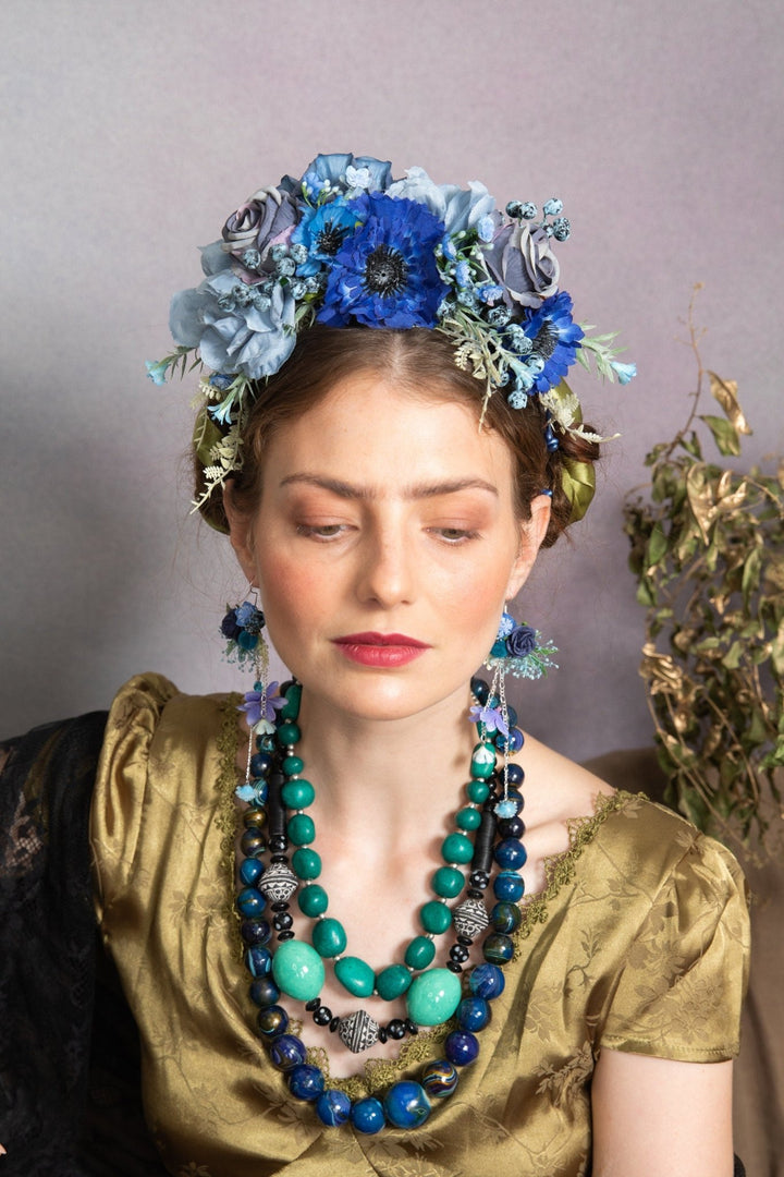 Blue Frida Flower Headband: Two - Sided Bridal Crown – handmade floral hair accessory by magaela