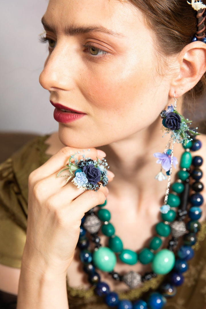 Blue Rose Flower Ring: Adjustable Bridal Wedding Jewelry – handmade floral hair accessory by magaela