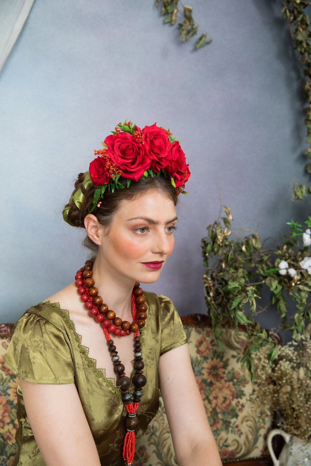 Red Frida Flower Headband: Flamenco Bridal Hair Crown – handmade floral hair accessory by magaela