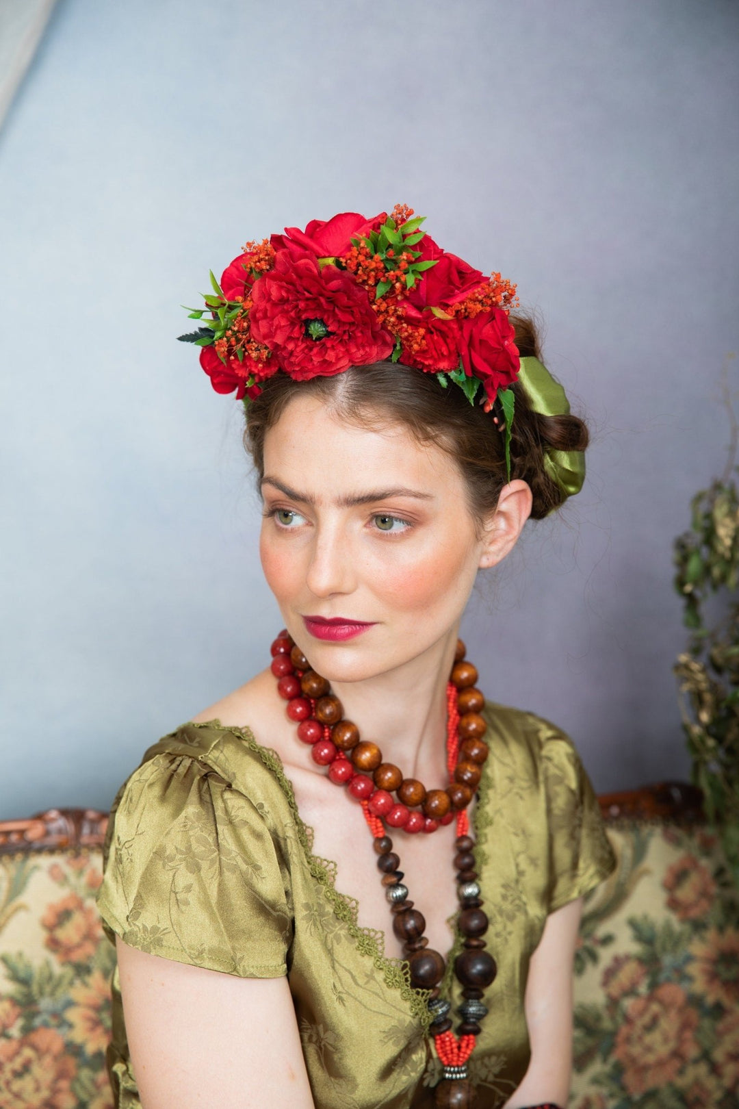 Red Frida Flower Headband: Flamenco Bridal Hair Crown – handmade floral hair accessory by magaela