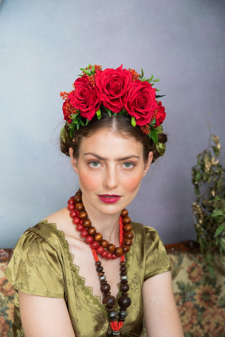 Red Frida Flower Headband: Flamenco Bridal Hair Crown – handmade floral hair accessory by magaela