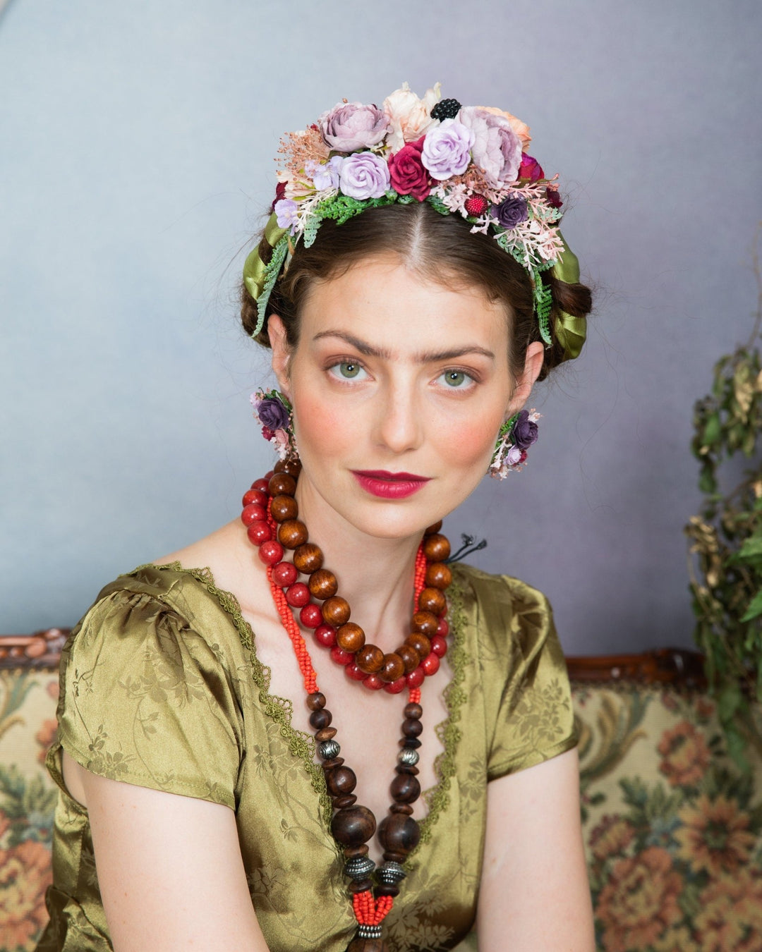 Frida Flower Headband: Purple Pink Orange Wedding Hair Accessory – handmade floral hair accessory by magaela