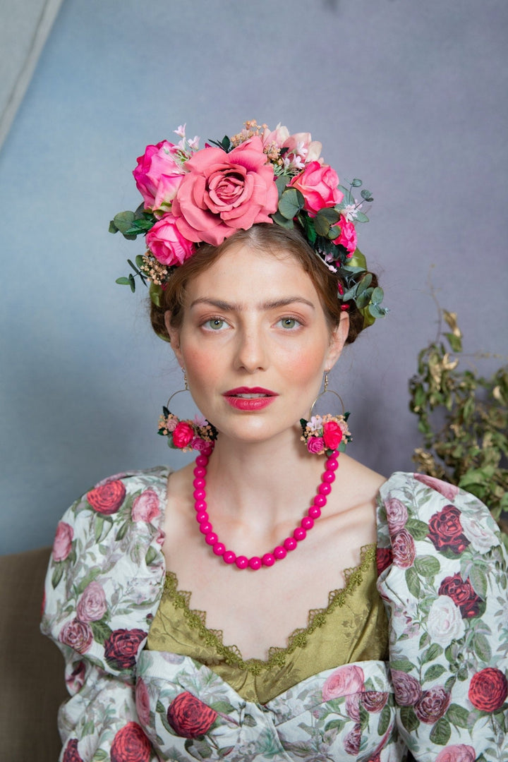 Pink Frida Flower Headband: Mexican Wedding Bridal Headpiece – handmade floral hair accessory by magaela