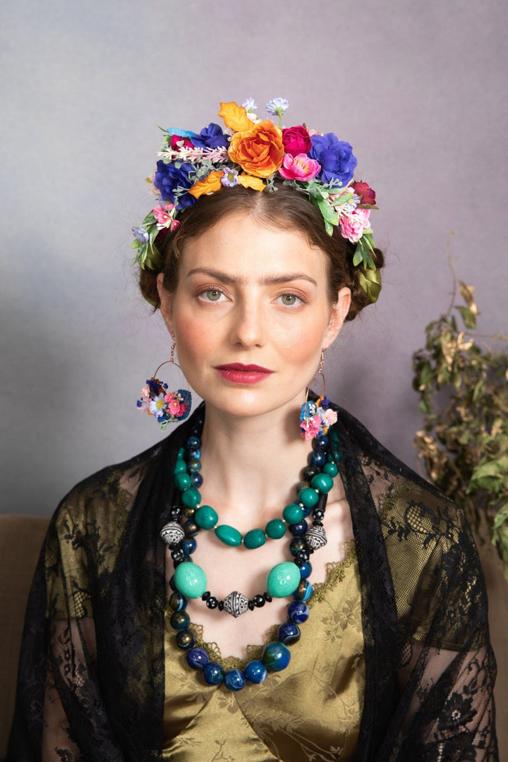 Frida Flower Headband: Pink & Blue Wedding Crown, Bridal Accessory – handmade floral hair accessory by magaela