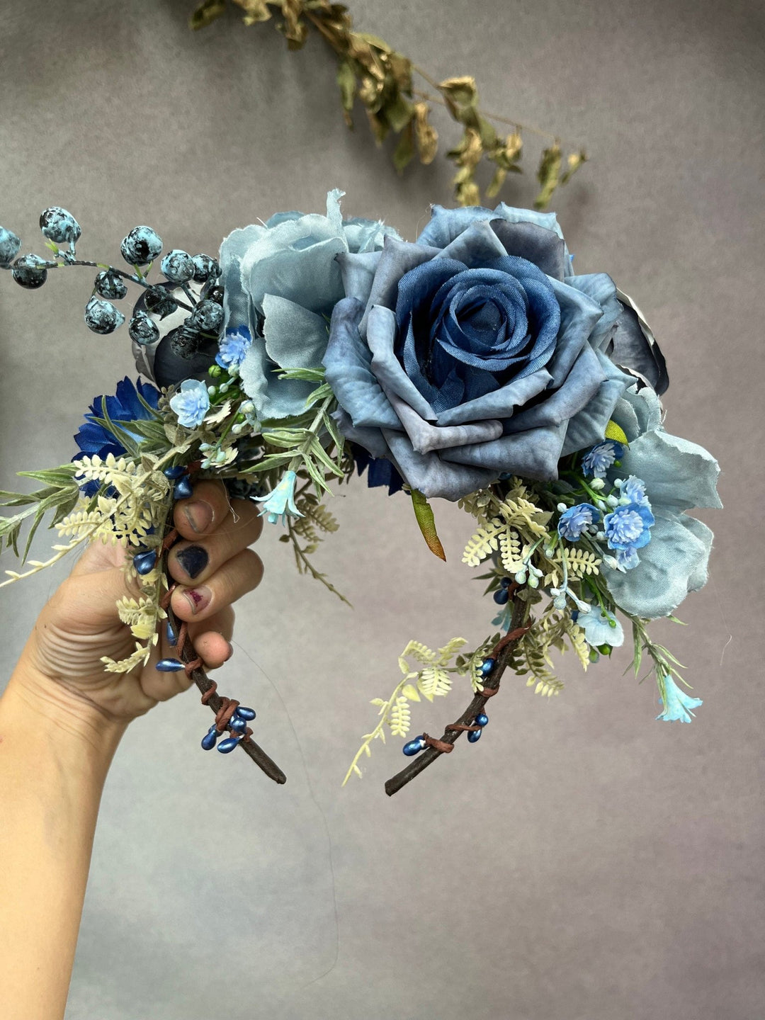 Blue Frida Flower Headband: Two - Sided Bridal Crown – handmade floral hair accessory by magaela