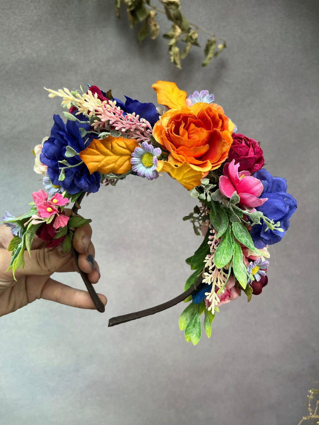 Frida Flower Headband: Pink & Blue Wedding Crown, Bridal Accessory – handmade floral hair accessory by magaela