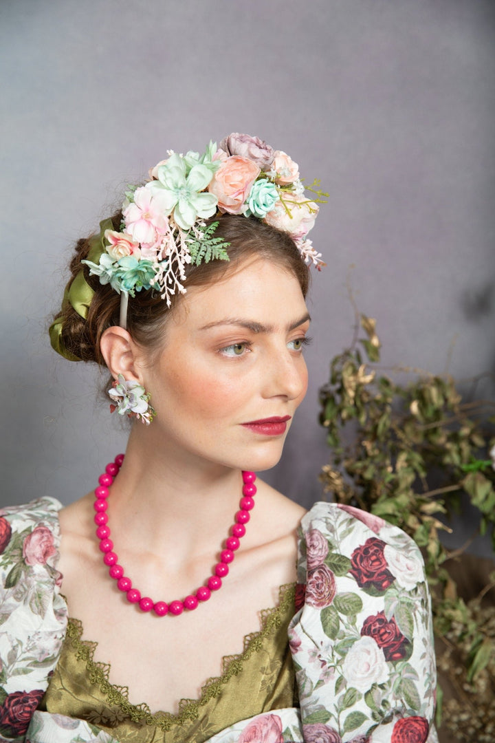 Pastel Frida Flower Headband: Peach, Sage Green Bridal Crown – handmade floral hair accessory by magaela