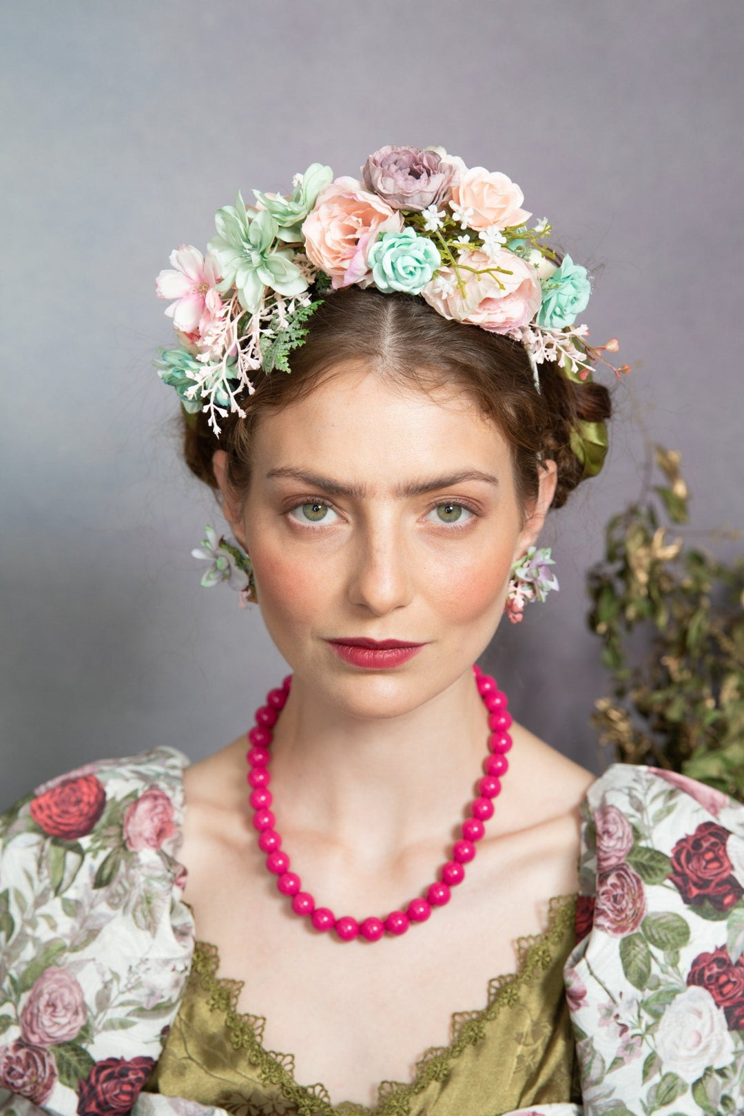Pastel Frida Flower Headband: Peach, Sage Green Bridal Crown – handmade floral hair accessory by magaela