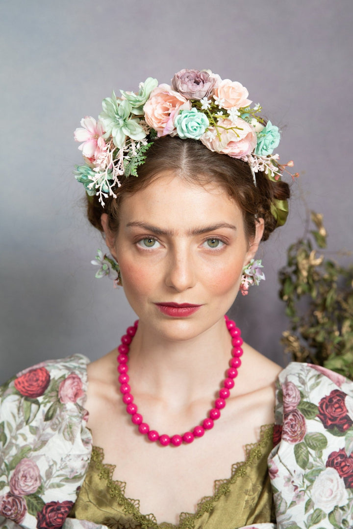 Pastel Frida Flower Headband: Peach, Sage Green Bridal Crown – handmade floral hair accessory by magaela