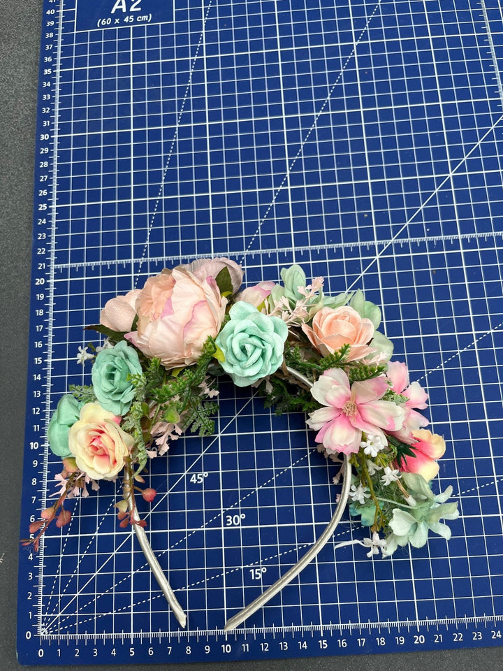 Pastel Frida Flower Headband: Peach, Sage Green Bridal Crown – handmade floral hair accessory by magaela