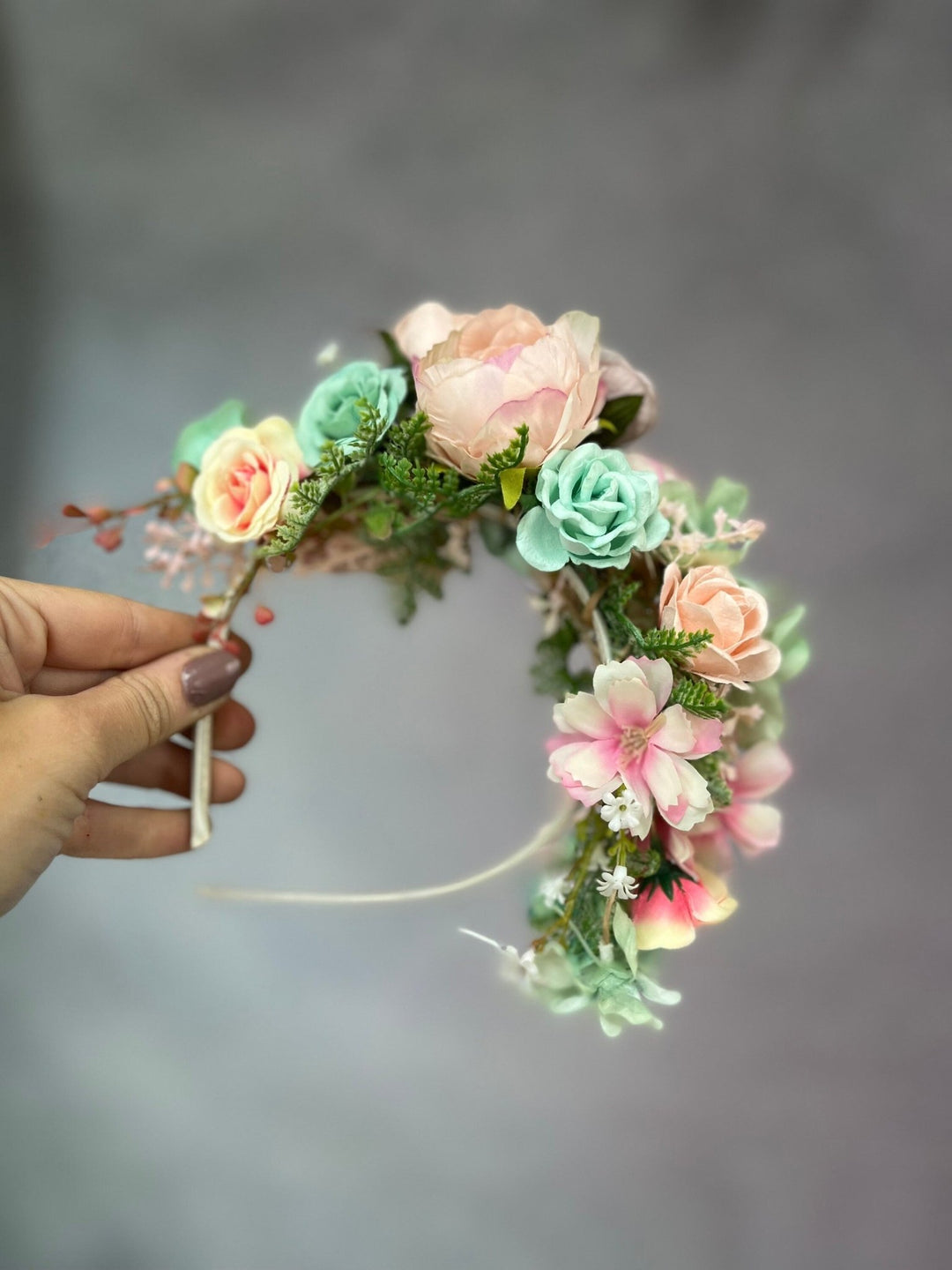 Pastel Frida Flower Headband: Peach, Sage Green Bridal Crown – handmade floral hair accessory by magaela