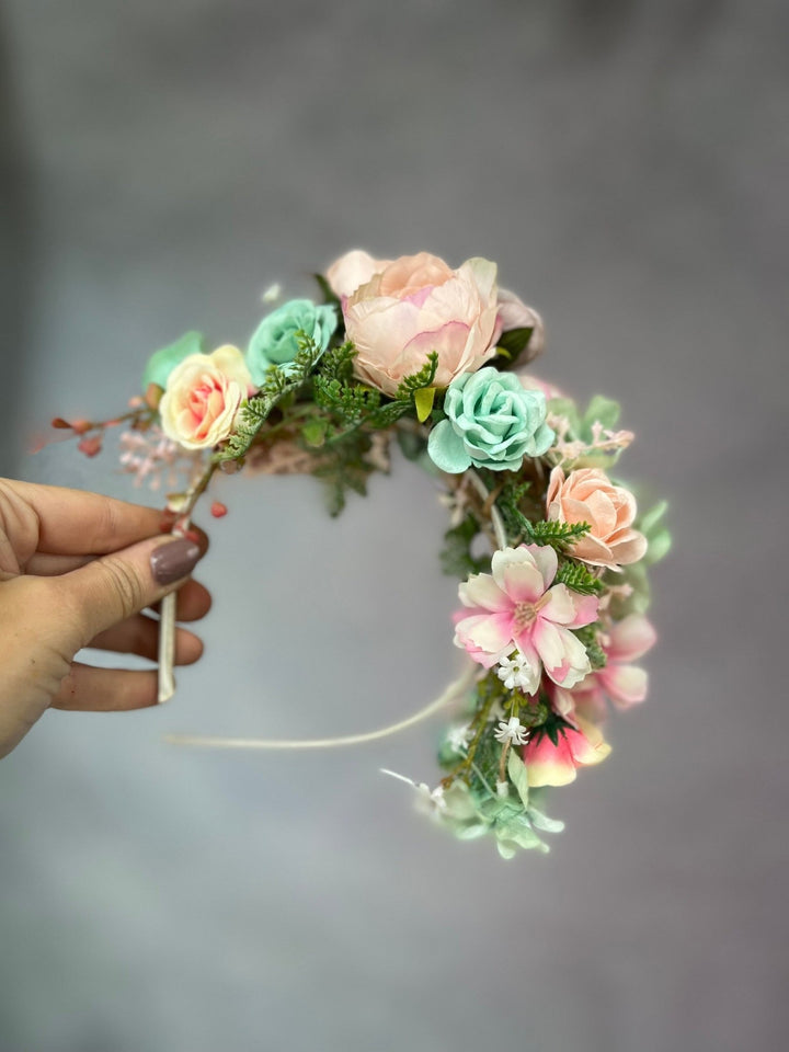 Pastel Frida Flower Headband: Peach, Sage Green Bridal Crown – handmade floral hair accessory by magaela