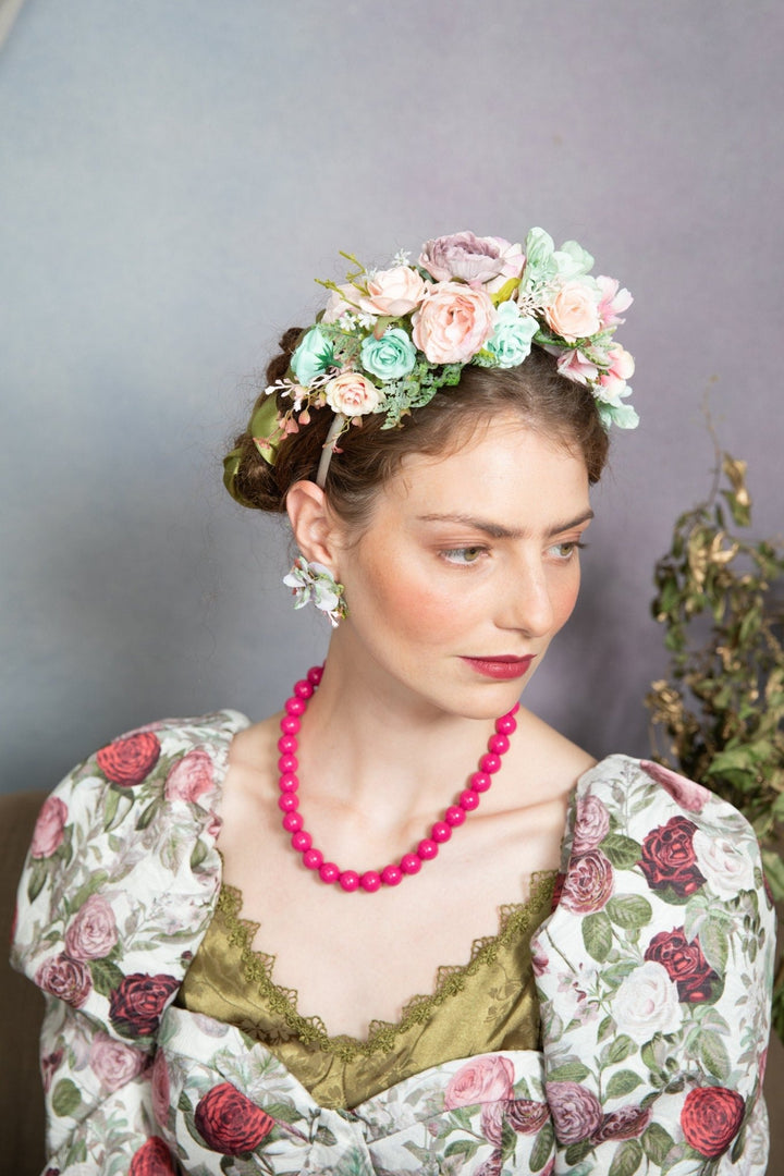 Pastel Frida Flower Headband: Peach, Sage Green Bridal Crown – handmade floral hair accessory by magaela