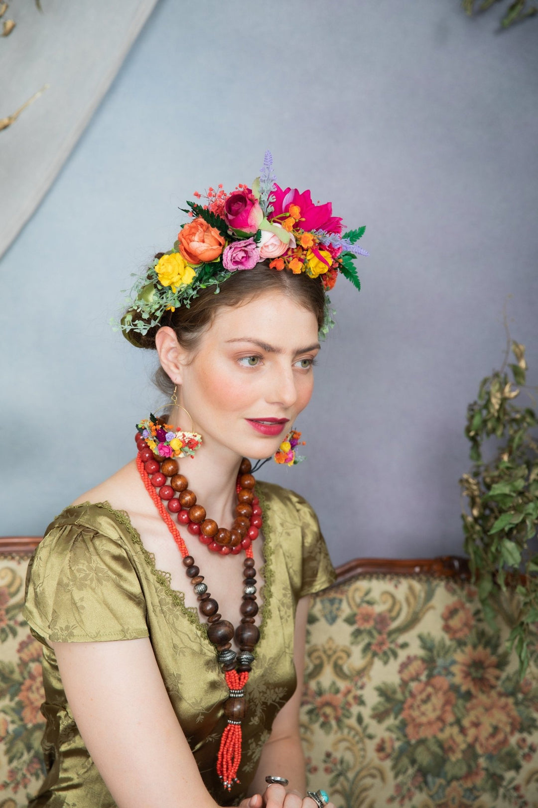 Fuchsia Dahlia Flower Crown – Frida Inspired Headband, Mexican Floral Headpiece, Festival & Photoshoot Accessories – handmade floral hair accessory by magaela