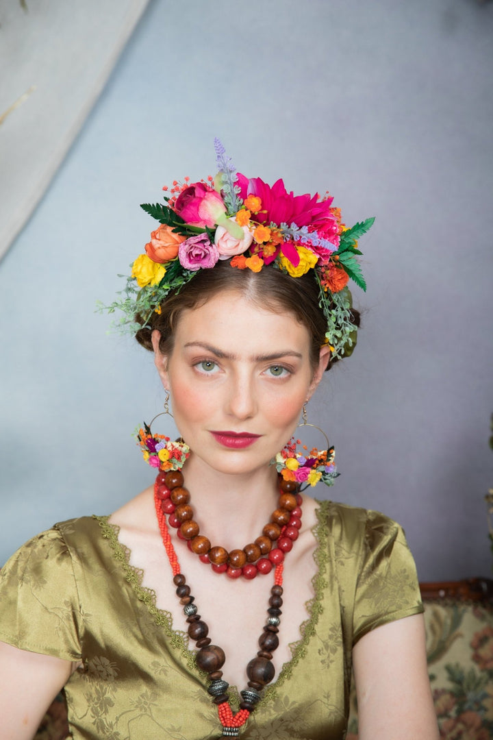 Fuchsia Dahlia Flower Crown – Frida Inspired Headband, Mexican Floral Headpiece, Festival & Photoshoot Accessories – handmade floral hair accessory by magaela