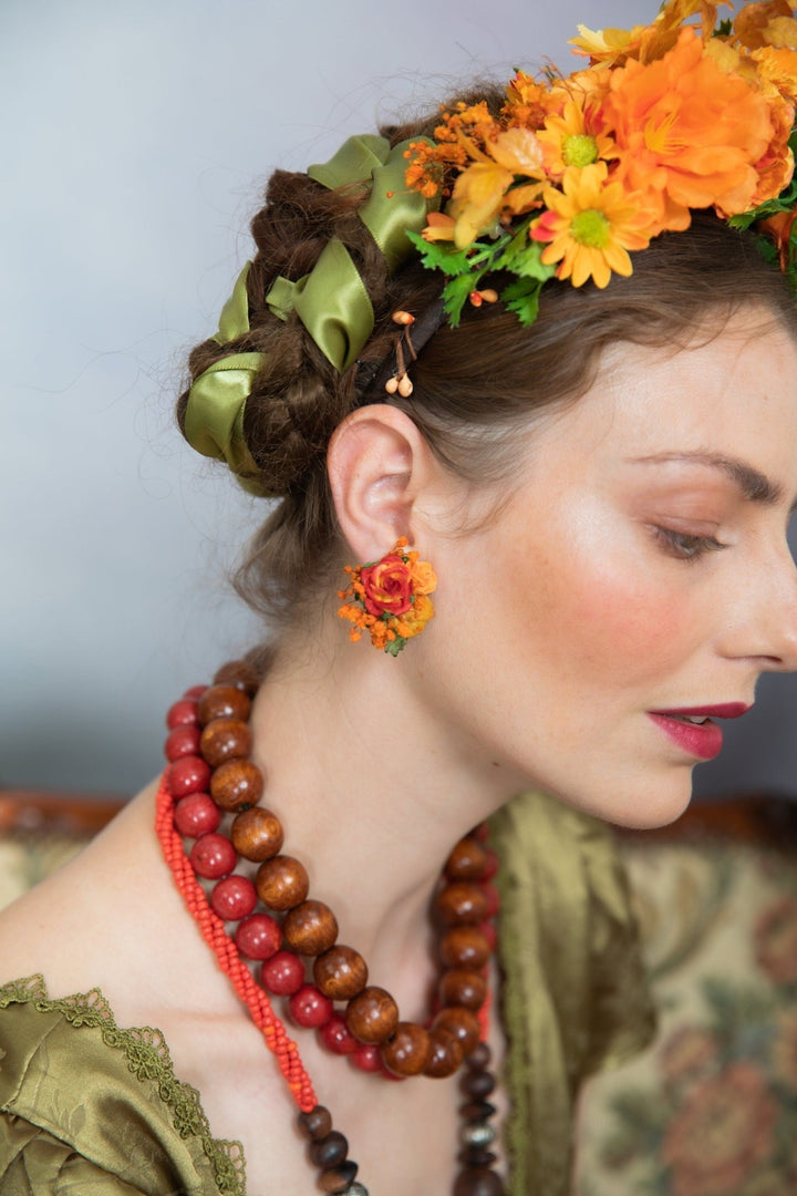 Orange Flower Clip On Earrings: Autumn Wedding Jewelry – handmade floral hair accessory by magaela